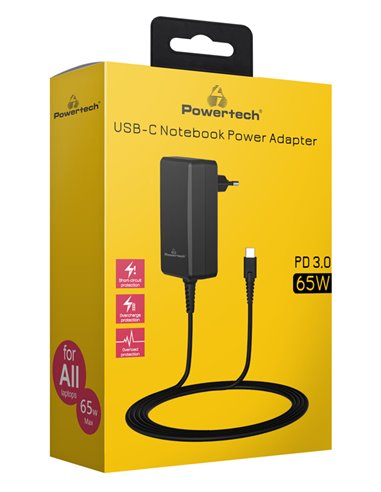 POWERTECH φορτιστής laptop PT-1156, USB-C PD, universal, 65W, μαύρος