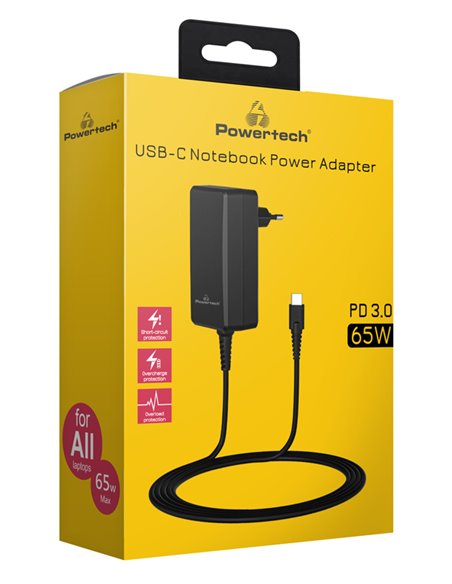 POWERTECH φορτιστής laptop PT-1156, USB-C PD, universal, 65W, μαύρος