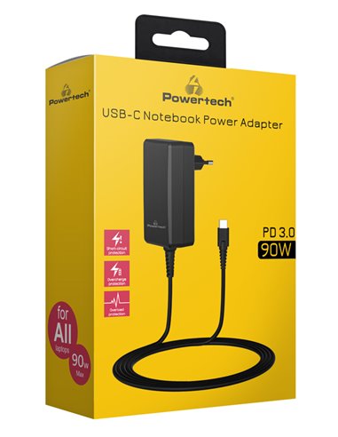 POWERTECH φορτιστής laptop PT-1157, USB-C PD, universal, 90W, μαύρος