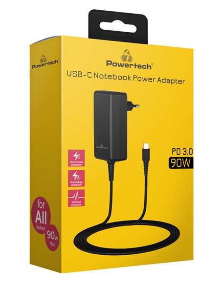 POWERTECH φορτιστής laptop PT-1157, USB-C PD, universal, 90W, μαύρος