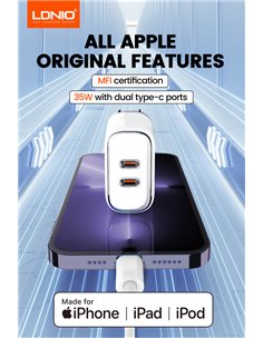 LDNIO φορτιστής τοίχου A2528M με καλώδιο, 2x USB-C, 35W, MFi, λευκό