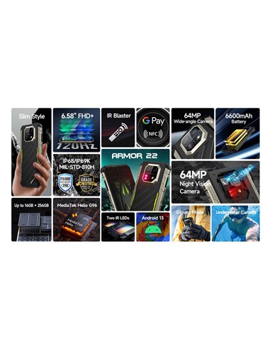 ULEFONE smartphone Armor 22, 6.58", 8/128GB, 6600mAh, IP68/IP69K, μαύρο