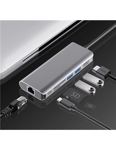 POWERTECH docking station PTH-112, 7 θυρών, USB-C σύνδεση, 100W PD, γκρι