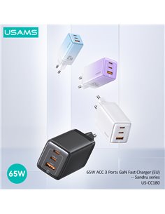 USAMS φορτιστής τοίχου US-CC180, USB & 2x USB-C, 65W PD, GaN, μαύρος