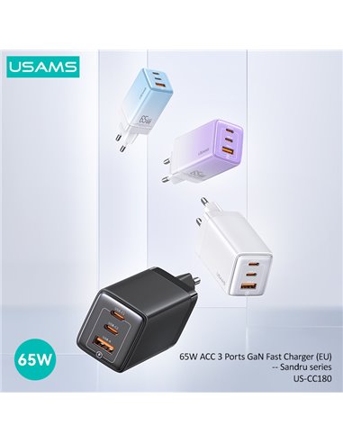 USAMS φορτιστής τοίχου US-CC180, USB & 2x USB-C, 65W PD, GaN, μαύρος
