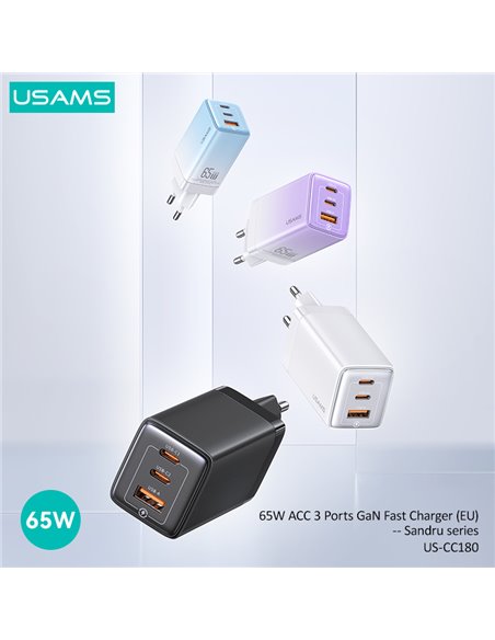 USAMS φορτιστής τοίχου US-CC180, USB & 2x USB-C, 65W PD, GaN, μαύρος