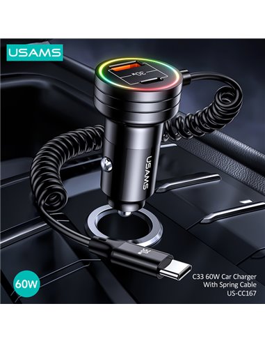 USAMS φορτιστής αυτοκινήτου US-CC167 με καλώδιο, USB/USB-C, 60W, μαύρος