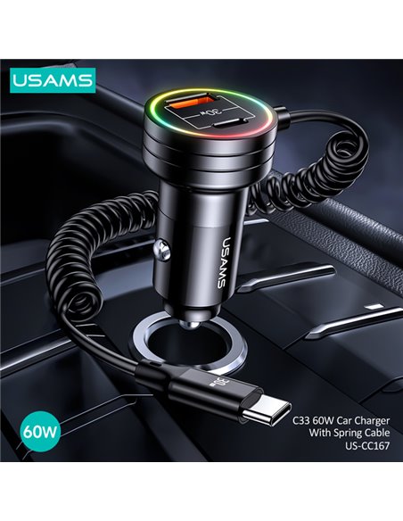 USAMS φορτιστής αυτοκινήτου US-CC167 με καλώδιο, USB/USB-C, 60W, μαύρος