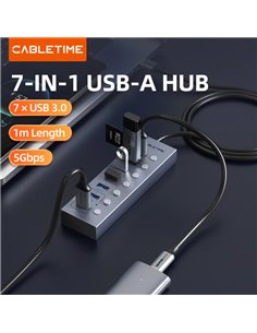 CABLETIME USB hub CT-HUBU7-AG, 7x θυρών, 5Gbps, USB σύνδεση, 1m, γκρι