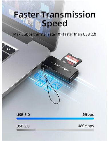 CABLETIME card reader CT-ASD3-PB για SD & micro SD, USB, 5Gbps, μαύρο