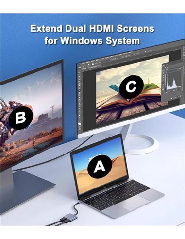 POWERTECH docking station CAB-UC083, 2 θυρών HDMI, USB-C, 4K, γκρι