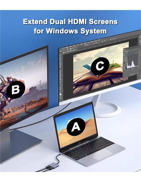 POWERTECH docking station CAB-UC083, 2 θυρών HDMI, USB-C, 4K, γκρι