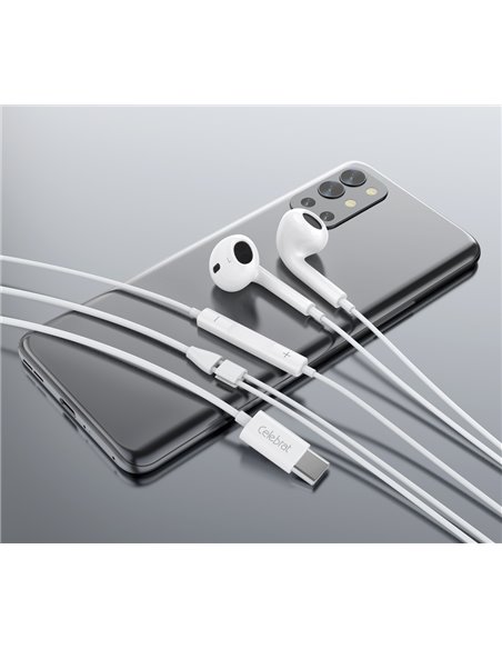 CELEBRAT earphones με μικρόφωνο E400, USB-C σύνδεση, Φ14mm, 1.2m, λευκά
