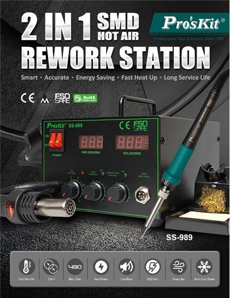 PROSKIT σταθμός συγκόλλησης SS-989B, κολλητήρι/air gun, 700W, 200-480 °C