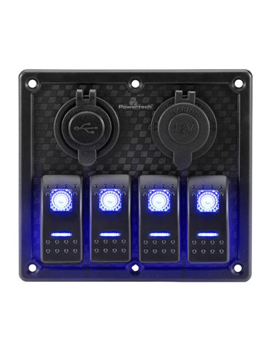 POWERTECH πάνελ σκαφών & οχημάτων PTL-017, πρίζα 12V/2x USB/4x διακόπτες
