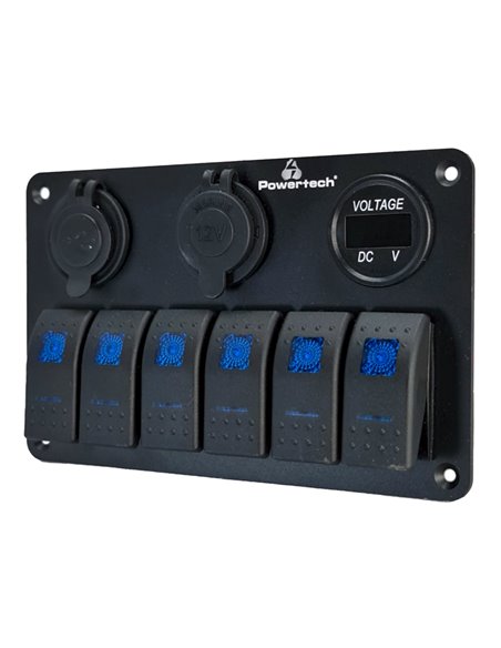 POWERTECH πάνελ σκαφών & οχημάτων PTL-020, πρίζα 12V/2x USB/6x διακόπτες