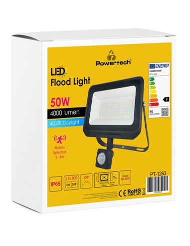 POWERTECH LED προβολέας PT-1263, με αισθητήρα κίνησης, 50W, 4000K, IP65