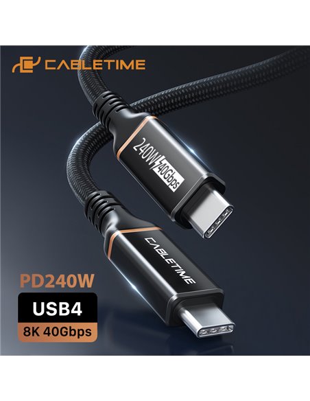 CABLETIME καλώδιο USB-C σε USB-C CT-USB4, 240W, 40Gbps, 8K/60Hz, USB4, 1m, μαύρο