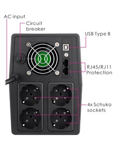 POWERTECH UPS Line Interactive PT-1800LCD με οθόνη, 1800VA, 1080W, 4x Schuko, 2x RJ45/RJ11, USB Type B