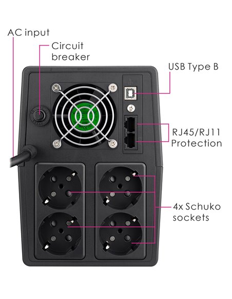 POWERTECH UPS Line Interactive PT-1800LCD με οθόνη, 1800VA, 1080W, 4x Schuko, 2x RJ45/RJ11, USB Type B