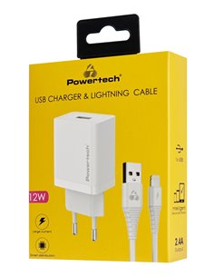 POWERTECH φορτιστής τοίχου PT-1323 με καλώδιο Lightning, USB, 12W, λευκός