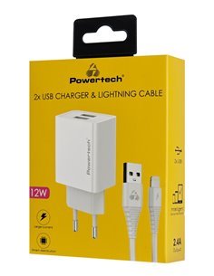 POWERTECH φορτιστής τοίχου PT-1325 με καλώδιο Lightning, 2x USB, 12W, λευκός
