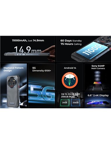 OUKITEL smartphone WP35, 6.6", 8/256GB, 5G, 11000mAh, IP68/IP69K, γκρι