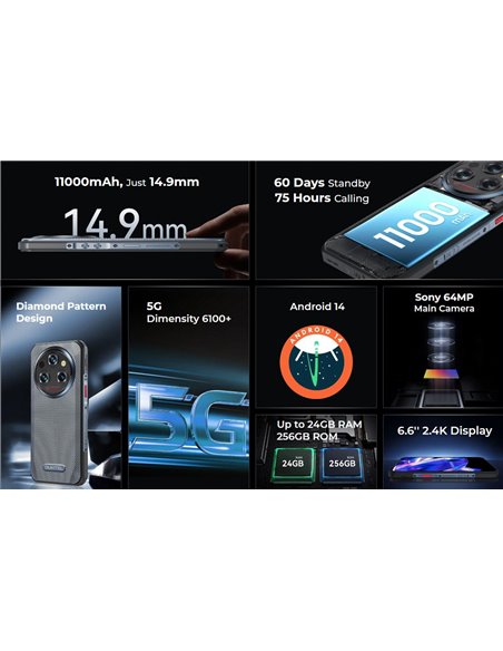 OUKITEL smartphone WP35, 6.6", 8/256GB, 5G, 11000mAh, IP68/IP69K, γκρι