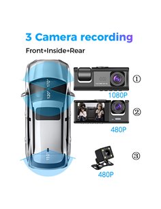 POWERTECH κάμερες αυτοκινήτου PT-1331, μπροστινή/καμπίνας/οπισθοπορείας, 2" οθόνη, 1080p/480p