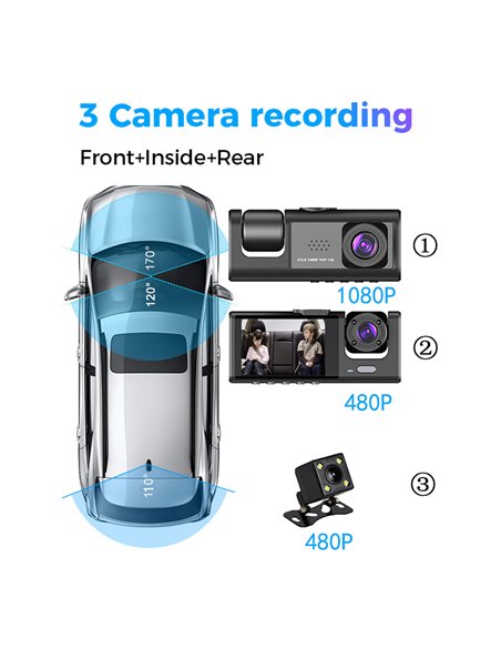 POWERTECH κάμερες αυτοκινήτου PT-1331, μπροστινή/καμπίνας/οπισθοπορείας, 2" οθόνη, 1080p/480p