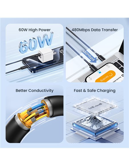 USAMS καλώδιο USB-C US-SJ711, 60W, 480Mbps, 1m, μαύρο