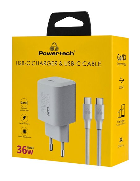 POWERTECH φορτιστής τοίχου PT-1350 με καλώδιο, USB-C, 36W, GaN, λευκός
