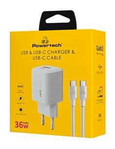 POWERTECH φορτιστής τοίχου PT-1351 με καλώδιο, USB/USB-C, 36W, GaN, λευκός
