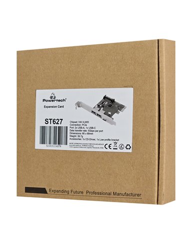 POWERTECH κάρτα επέκτασης PCIe σε 2x USB & 1x USB-C ST627, 5Gbps, 66x68mm