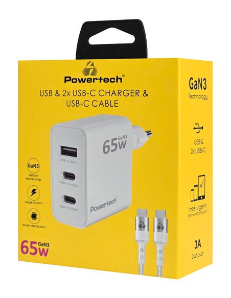 POWERTECH φορτιστής τοίχου PT-1378 με καλώδιο, USB/2x USB-C, 65W, GaN, λευκός