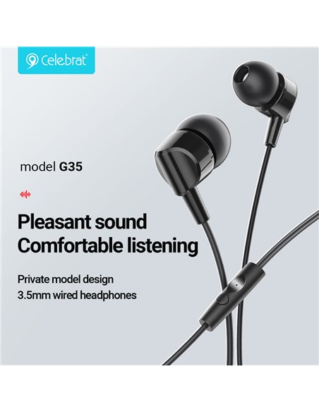 CELEBRAT earphones με μικρόφωνο G35, 3.5mm σύνδεση, 10mm, 1.2m, μαύρα