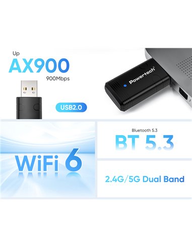 POWERTECH ασύρματος USB αντάπτορας δικτύου & Bluetooth 5.3 PT-1387, 900Mbps WiFi 6