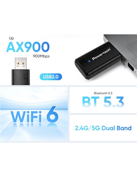 POWERTECH ασύρματος USB αντάπτορας δικτύου & Bluetooth 5.3 PT-1387, 900Mbps WiFi 6