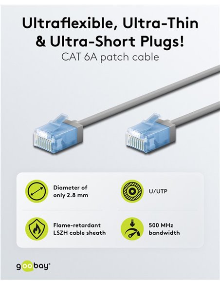 GOOBAY καλώδιο δικτύου 74219, CAT 6A U/UTP, ultra slim, copper, 500MHz, 0.15m, γκρι