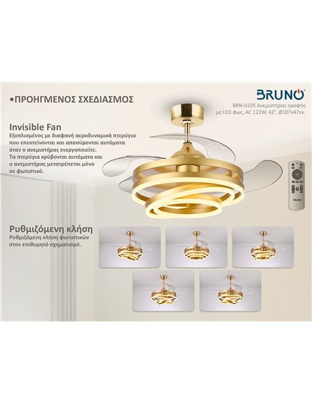 BRUNO BRN-0225 Ανεμιστήρας οροφής με LED φως, AC 122W, 42", O107x47εκ., χρυσός