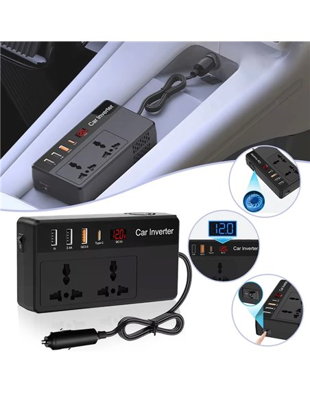 POWERTECH inverter αυτοκινήτου PTL-023, 200W, 12V DC σε 220V AC, με USB-C/3x USB