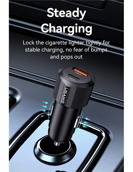 USAMS φορτιστής αυτοκινήτου CC283, USB & USB-C, 60W, μαύρος