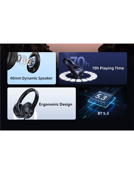 USAMS headphones YH21, ασύρματα & ενσύρματα, Φ40mm, 500mAh, μαύρα