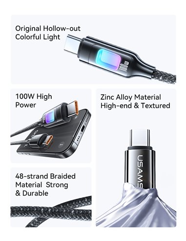 USAMS καλώδιο USB-C SJ750, 100W, 480Mbps, 1.2m, μαύρο