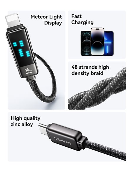 USAMS καλώδιο Lightning σε USB-C SJ743, 30W, 480Mbps, 1.2m, μαύρο