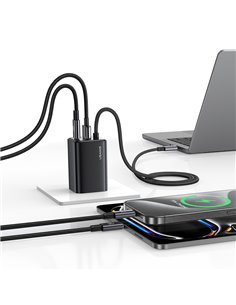 USAMS φορτιστής τοίχου CC266 με καλώδιο, USB & USB-C, 65W, GaN, μαύρος
