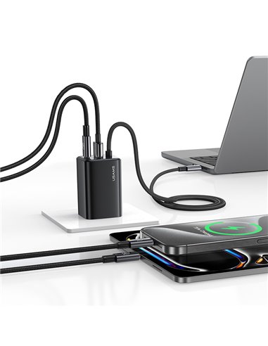 USAMS φορτιστής τοίχου CC266 με καλώδιο, USB & USB-C, 65W, GaN, μαύρος