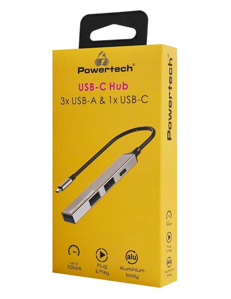 POWERTECH USB hub PT-1412, 4x θυρών, USB 3.2, 5Gbps, USB-C σύνδεση, γκρι