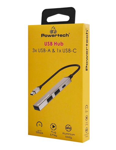 POWERTECH USB hub PT-1413, 4x θυρών, USB 3.2, 5Gbps, USB σύνδεση, γκρι