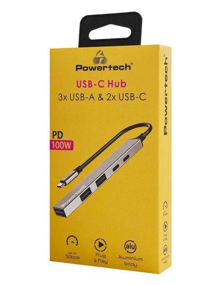 POWERTECH USB hub PT-1414, 5x θυρών, USB 3.2, 5Gbps, 100W, USB-C σύνδεση, γκρι